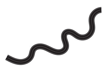Wavy winding curves roads and horizontal path. Horizontal asphalt road template. Flat vector illustration isolated on transparent background.
