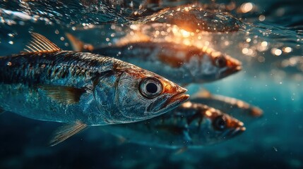 Naklejka premium School of Fish Swimming Underwater with Sunlight Glinting