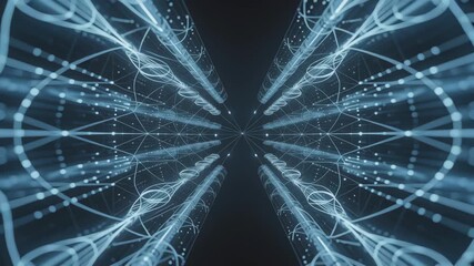 Digital DNA strand glowing with particles forms futuristic technology network, creating dynamic digital science tunnel filled with advanced energy - Powered by Adobe