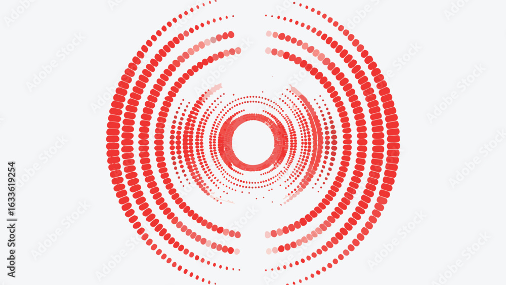 Poster concentric circles of red dots radiating outwards on a white background creating a tunnel effect