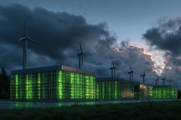 Renewable energy data center with glowing green lights illuminated by wind turbines during twilight