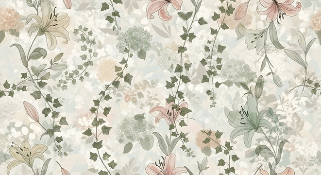 Floral Elegance: A seamless pattern showcases a delicate arrangement of lilies, ivy and lush leaves. The soft color palette evokes a sense of refined beauty and natural grace.