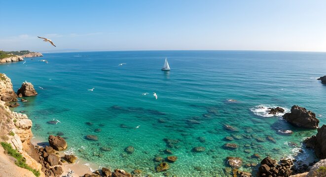 Coastal scenery with sailboat and turquoise water