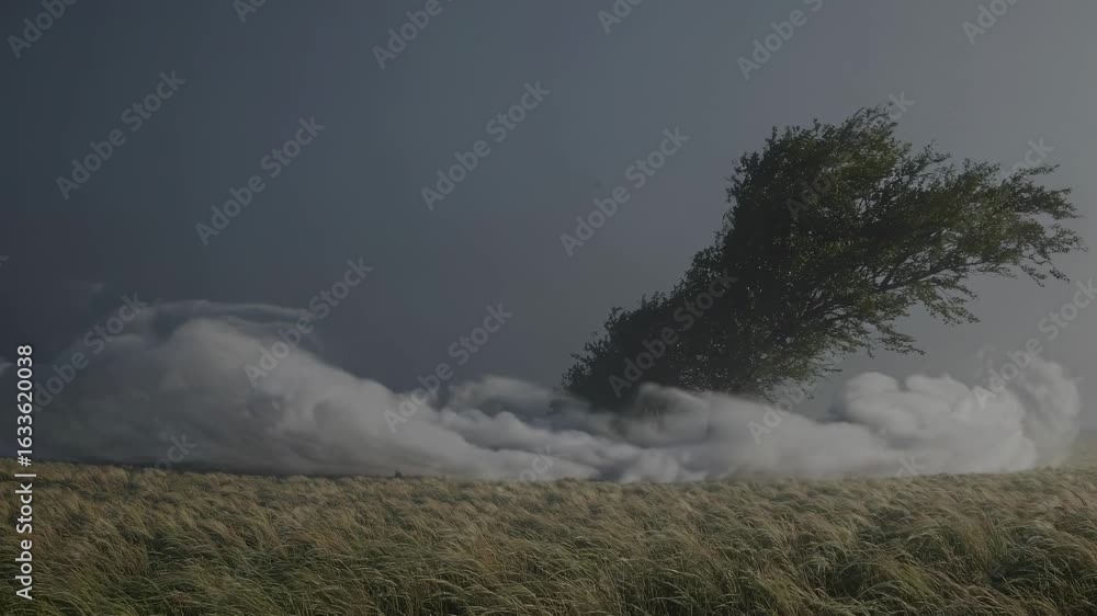 Poster a surreal video scene with a low-angle view of a tree bending in the wind, surrounded by mist, creat