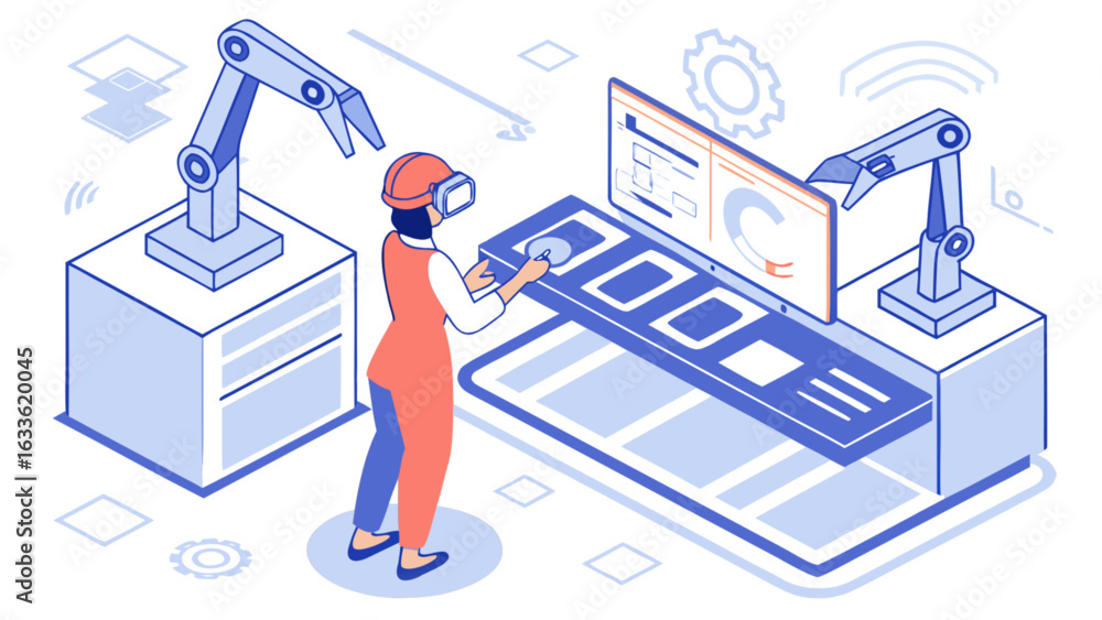Poster virtual reality industrial automation manufacturing process with robotic arms and worker in factory 