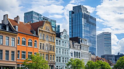 Fototapeta premium Colorful historic buildings alongside modern skyscrapers