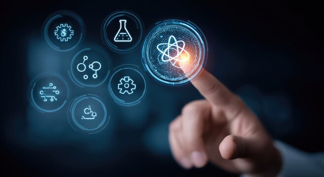 Hand interacting with digital science icons