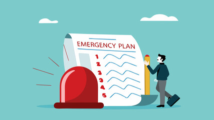 business emergency action plan with businessman holding pencil standing next to siren and emergency plan list paper, emergency action plan, emergency action plan when business disaster occurs