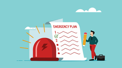business emergency action plan with businessman holding pencil standing next to siren and emergency plan list paper, emergency action plan, emergency action plan when business disaster occurs © vector