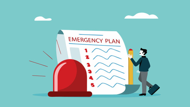 business emergency action plan with businessman holding pencil standing next to siren and emergency plan list paper, emergency action plan, emergency action plan when business disaster occurs