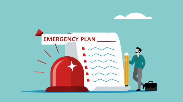 business emergency action plan with businessman holding pencil standing next to siren and emergency plan list paper, emergency action plan, emergency action plan when business disaster occurs