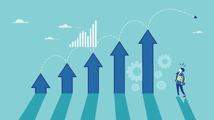 business growth with investment earning rising up, profit performance or investment sales growth, market value of equity concept, businessman with banknotes observing business income growth graph