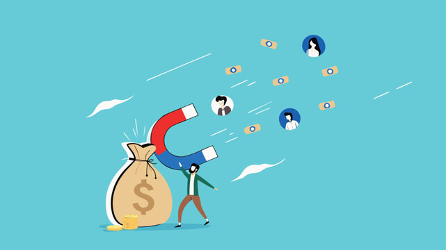 Customer acquisition cost or CAC, marketing expense on customer retention, advertising cost for lead generation, businessman uses magnets with dollar costs to attract customers