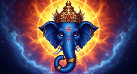 Illustration of blue ganesha with golden crown and swastika on forehead against cosmic background