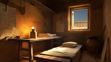 An atmospheric and historically themed image of a simple ancient Egyptian-style room with a wooden bed, table, and a glowing candle.