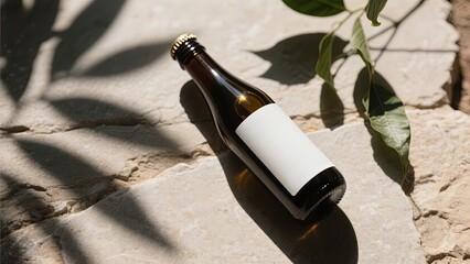 A brown glass bottle lies on a textured stone surface, partially illuminated by sunlight. The surrounding shadows of green leaves create a tranquil and natural setting perfect for outdoor gatherings