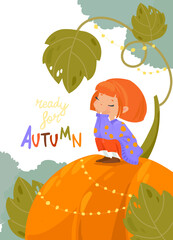 Cartoon Little Girl Sitting on Big Pumpkin. Vector Illustration