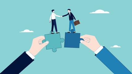 license agreement with artificial intelligence agency, artificial intelligence contract, businessman shaking hands with AI agency over puzzle to make project deal concept vector illustration