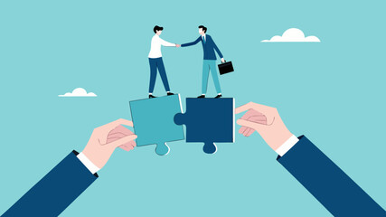 license agreement with artificial intelligence agency, artificial intelligence contract, businessman shaking hands with AI agency over puzzle to make project deal concept vector illustration