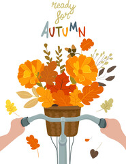 Bicycle with Basket of Autumn Flowers. Vector Illustration of Bouquet for Seasonal Designs, Floral Themes, and Cheerful Decorative Projects