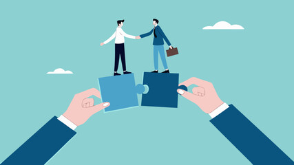 license agreement with artificial intelligence agency, artificial intelligence contract, businessman shaking hands with AI agency over puzzle to make project deal concept vector illustration