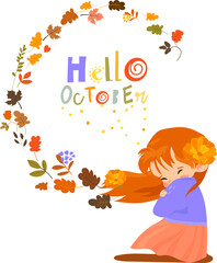 Cartoon Little Girl with Wreath of Autumn Leaves. Vector Illustration
