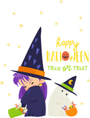 Cute Little Witch standing With Ghost and a holding Halloween Treats. Vector Illustration