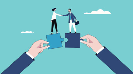 license agreement with artificial intelligence agency, artificial intelligence contract, businessman shaking hands with AI agency over puzzle to make project deal concept vector illustration