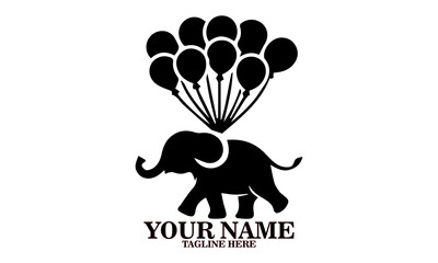 Vector illustration of a floating elephant hanging from a balloon and logo design