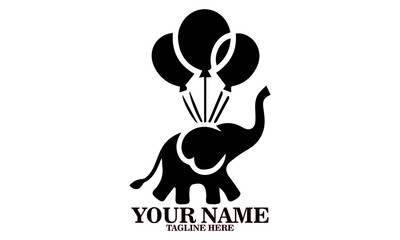 Vector illustration of a floating elephant hanging from a balloon and logo design