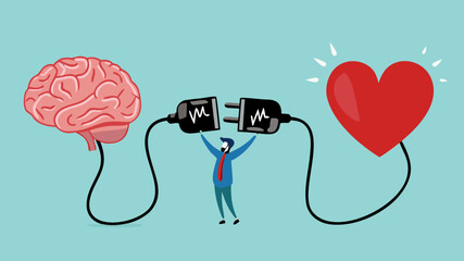 heart and brain connection, align your heart and brain, control feeling and emotion with logical thinking brain, man connect plug with heart to brain concept vector illustration with flat style design