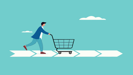 customer journey, analysis of marketing or advertising strategies, customer experience in purchasing products, man pushing shopping cart on customer journey path
