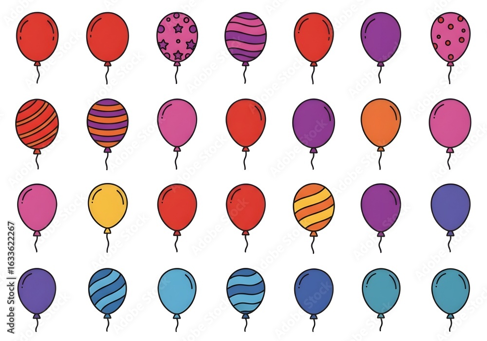 Aufkleber illustration of various colorful balloons with different patterns arranged in a grid on white backgr