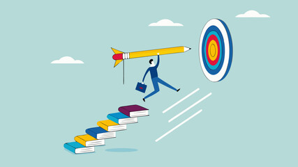 achieving education goals, strategies for achieving success with higher education, courses or skills development, Businesspeople create ladders from books to target educational goals with pencil