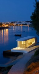 Fototapeta premium Modern, minimalist structure by the water at twilight