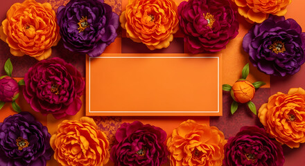 Floral Frame with Empty Space: A vibrant arrangement of colorful flowers encircles an empty frame, creating a vivid composition perfect for conveying messages of celebration or remembrance. 