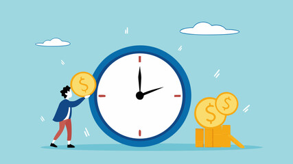 ROI, return on investment or long term investment success, increase in dividends or returns from the costs that have been invested, businessman invests money into big watch to get return profit