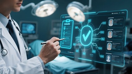 Doctor interacting with a futuristic holographic interface in a medical setting