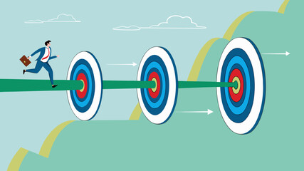step to reach success or achievement, Short term, mid-term and long term goals, stages to achieve greater success, businessman running to short, medium and long term success target