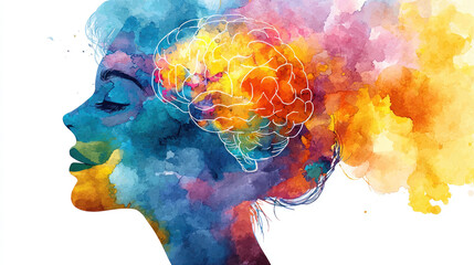 Symbolic meaning showing the interconnected nature concept. Vibrant watercolor illustration of a woman's profile with creativity.