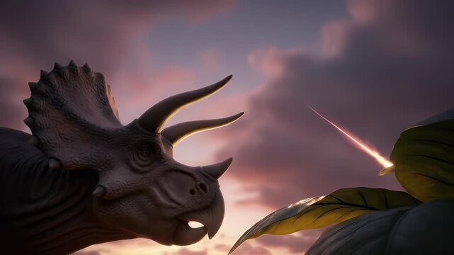 Triceratops and meteorite impact prehistoric scene