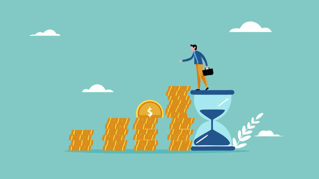 long term investment concept, Growth Earning From Compound Interest In Long Term Investing, businessman makes financial growth graph by stacking gold coins on top of hourglass vector illustration