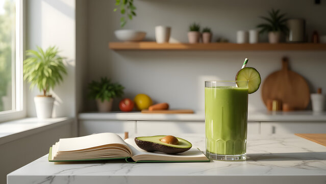 Bright kitchen scene with vegan smoothie, avocado, and cookbook on countertop.

