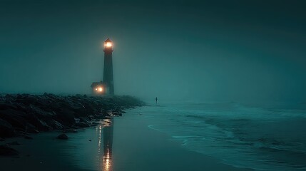 Fototapeta premium Misty night, lighthouse silhouettes, calm waves