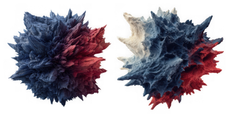 Two abstract three dimensional spheres with blue and red particles isolated on a transparent background