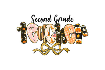 Second grade teacher halloween design isolated on transparent background with pumpkins and floral patterns