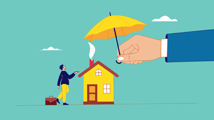 home insurance or homeowners protection, security shield concept, guarantee to protect the house from damage or loss of contents and structure, big businessman hand covers the house and its owner