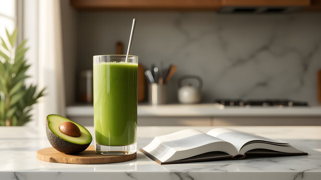 Softly lit vegan kitchen counter with smoothie, avocado, and open plant-based recipe book.

