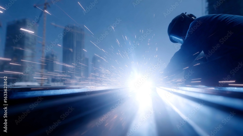 Poster a dynamic scene of construction work showcasing a bright spark from welding. the image captures hard