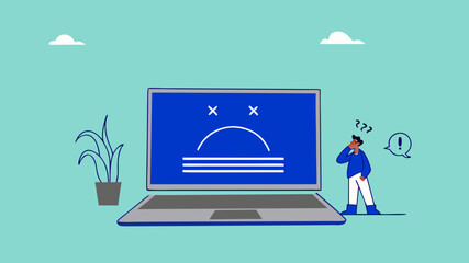 computer outage or blue screen error, common computer problem or server down, incorrect software update, operating system crash or cyber attack, confused people with computer blue screen error